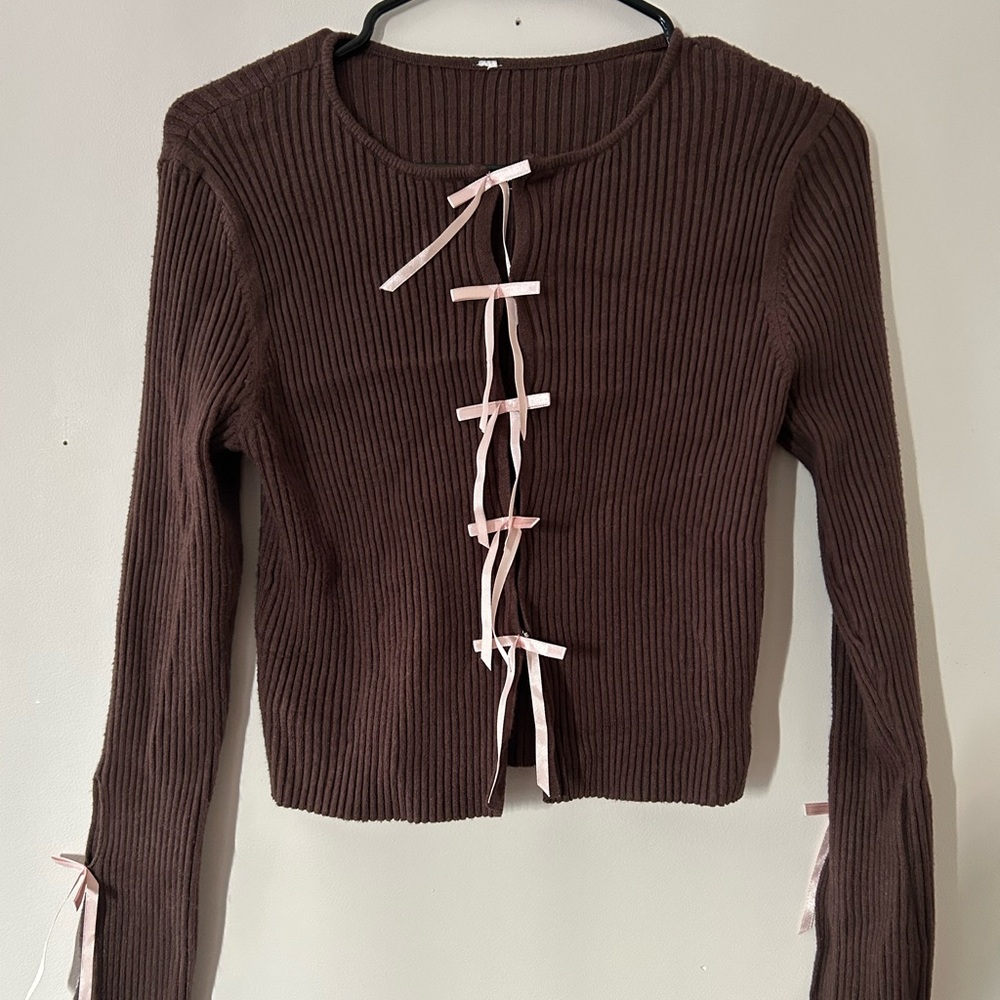 Brown Sweater with Pink Bows